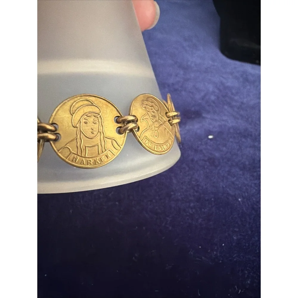 Vintage Dutch Folk Attire Coin Link  Bracelet Gold Tone Copper Friesland 7